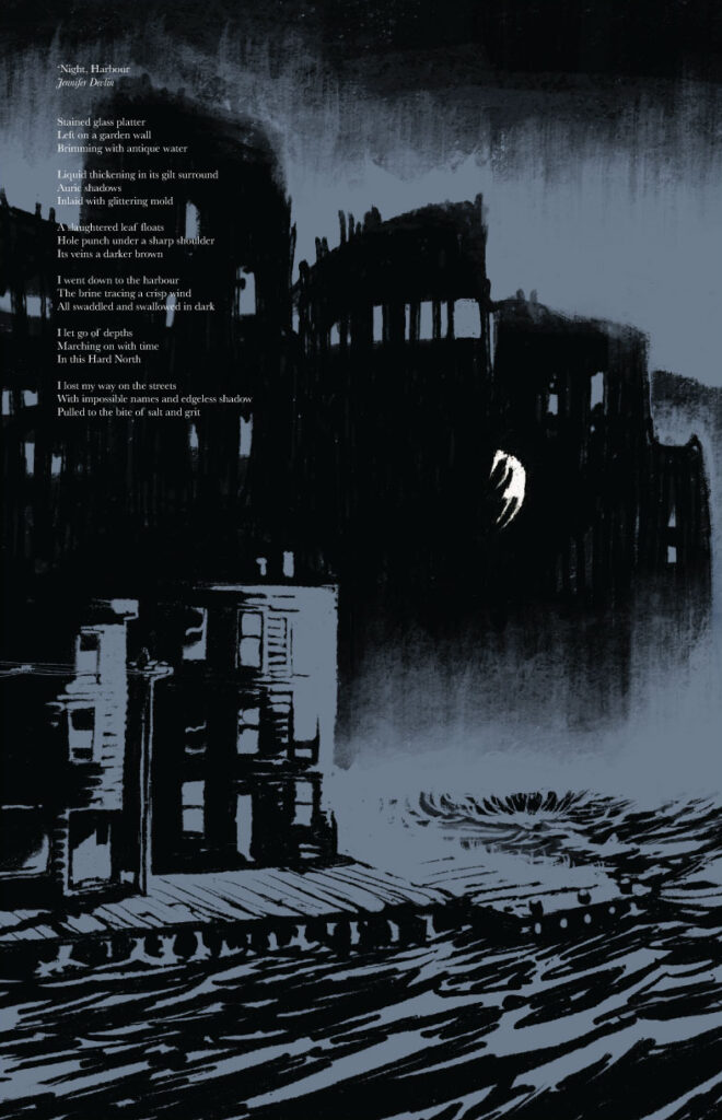 Gloomy city illustration with floating image of a woman